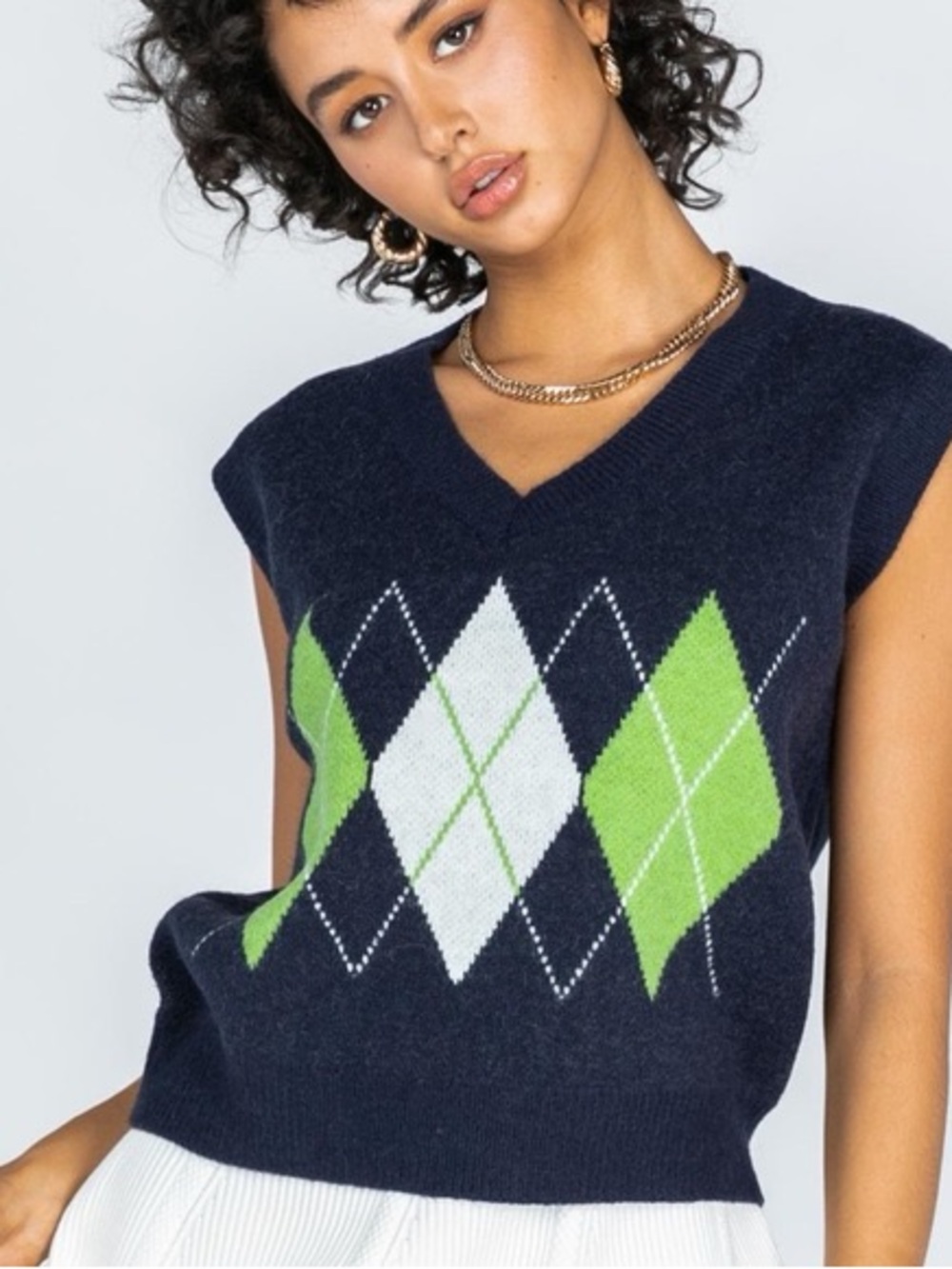 Princess Polly Argyle Sweater Vest M/L 25% Wool Navy Lime Green NWOT